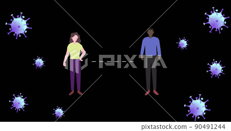 Image of falling covid 19 cells face mask over people wearing face masks 90491244