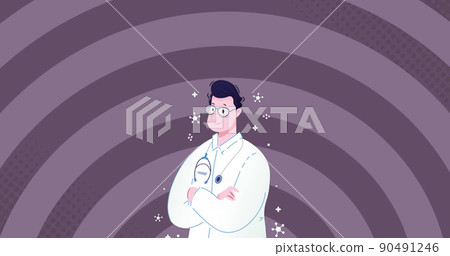Image of covid 19 cells around male doctor Image of covid 19 cells around male doctor 90491246