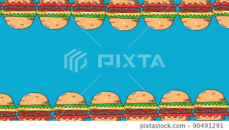 Image of two rows of cheeseburgers moving at top and bottom of blue background Image of two rows of cheeseburgers moving at top and bottom of blue background 90491291