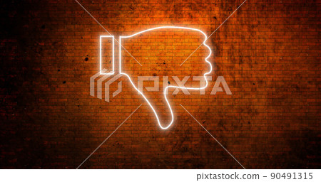 Image of glowing neon thumbs down icon on brick wall 90491315