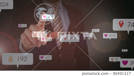 Image of social media icons and numbers over businessman touching interactive screen 90491317