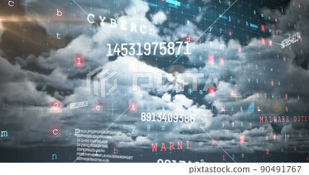 Image of numbers and computer code processing over cloudy sky 90491767