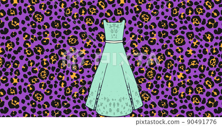 Digital image of multiple female dress icons against leopard print design on purple background Digital image of multiple female dress icons against leopard print design on purple background 90491776