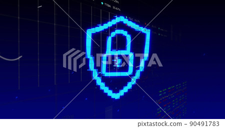 Security padlock icon against financial and stock market data processing against blue background Security padlock icon against financial and stock market data processing against blue background 90491783
