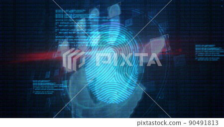Human hand scanning over fingerprint biometric scanner against data processing on blue background 90491813
