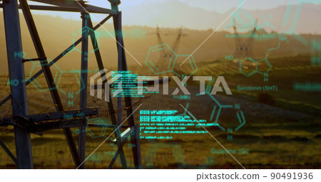 Chemical structures with program codes and a background of transmission towers 90491936