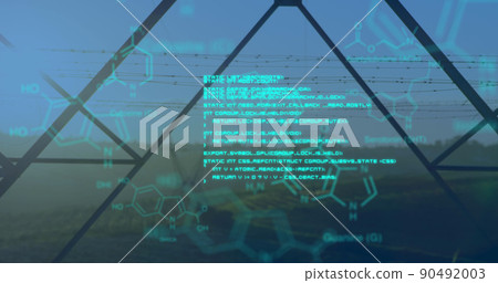 Chemical structures with program codes and a background of transmission towers 90492003