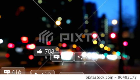Image of social media icons and numbers over out of focus traffic lights Image of social media icons and numbers over out of focus traffic lights 90492172