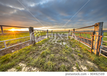 Sunset over gate in lowland meadow Sunset over gate in lowland meadow 90492589