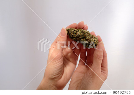 Close up of cannabis bud in young woman`s hands on a brown background. Medical marijuana use concept. 90492795