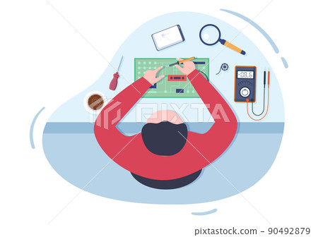 Mobile Repair of a Telephone or Smartphone Electronics Service with Broken Screen and Machine Breakdown in Flat Cartoon Illustration 90492879