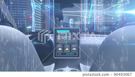 Image of data processing over dashboard in self drive car Image of data processing over dashboard in self drive car 90493067