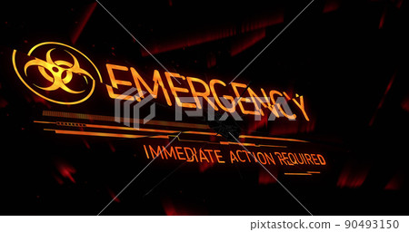Image of emergency text with biohazard symbol on black background 90493150