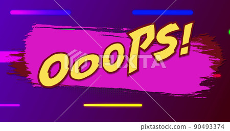 Image of ooops text over colorful lines on purple background Image of ooops text over colorful lines on purple background 90493374
