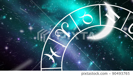 Digital image of moon and spiral symbols of the zodiac signs in space 90493765
