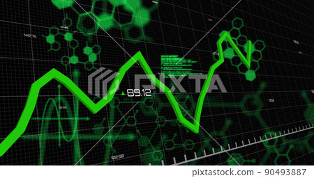 Green graphs moving and data processing against black background Green graphs moving and data processing against black background 90493887