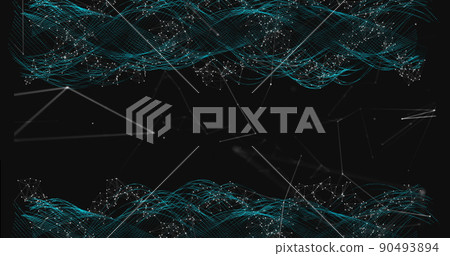 Glowing waves and Web of connections against black background Glowing waves and Web of connections against black background 90493894