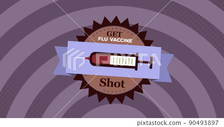 Digital image of get flu vaccine shot text banner with syringe icon on purple spiral background Digital image of get flu vaccine shot text banner with syringe icon on purple spiral background 90493897