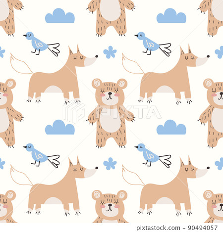 Forest seamless pattern with cute animals - fox, bear, bird. Vector illustration Scandinavian style flat design. Concept for kids, textile print, poster, card EPS 90494057