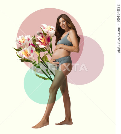 Young happy pregnant woman isolated on light background with floral elements. Contemporary art collage. Motherhood, health and family concept 90494058