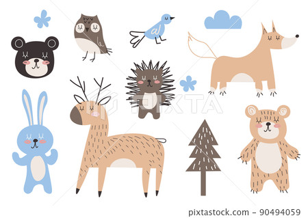 Cute wild animals clipart collection, isolated on white. Hand drawn vector illustration. Woodland elements set. Scandinavian style flat design. Concept for kids, textile print, poster, card EPS 90494059