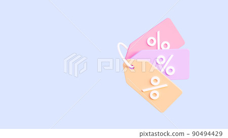 3d price tags with percent discount inscription isolated on pastel blue background. Discount coupon. Concept of online sale. 3d rendering illustration of promo tag coupon, sale voucher 90494429