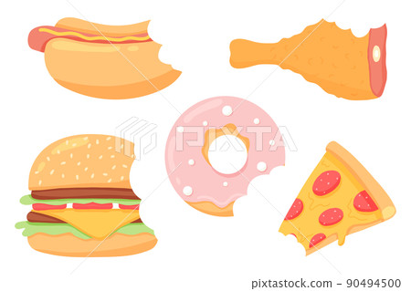 Fast food set. Collection of street food. Pizza, burger, hot dog, french fries, donut, drink. Fast food set. Collection of street food. Pizza, burger, hot dog, french fries, donut, drink. 90494500