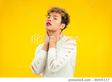 Studio Portrait of a handsome gay man with red lip stick and white shirt. Transgender male looking at camera. LGBTQ+ concept 90495137