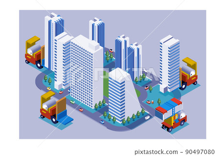 有趣的城市景觀和生活風景。人們可以明亮地生活的建築和城市規劃。可愛的 3D 建築和叉車。 有趣的城市景觀和生活風景。人們可以明亮地生活的建築和城市規劃。可愛的 3D 建築和叉車。 90497080