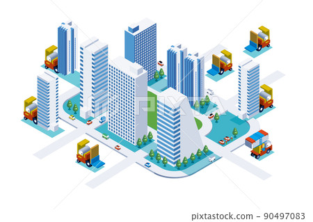 Fun cityscape and living scenery. Building and town planning where people can live brightly. Cute 3D building and forklift. 90497083