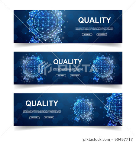 Set of three Award medal horizontal banners. Horizontal illustration for homepage design, promo banner. Approved low poly symbols with connected dots 90497717