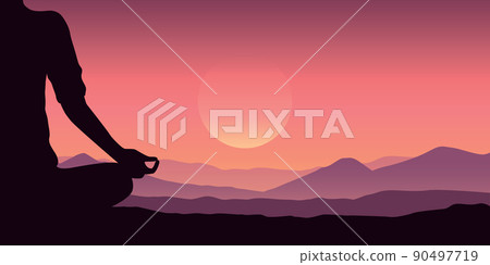 meditation human silhouette with purple mountains background meditation human silhouette with purple mountains background 90497719
