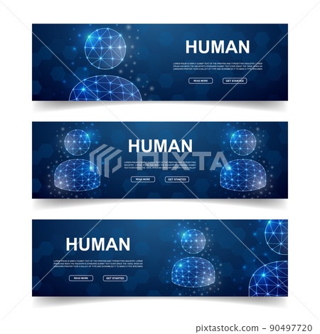 Set of three User avatar horizontal banners. Horizontal illustration for homepage design, promo banner. Teamwork low poly symbols with connected dots 90497720