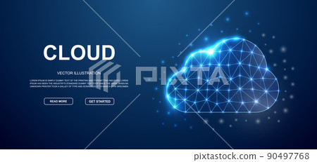 Cloud 3d low poly symbol with connected dots for blue landing page. Database, download design illustration concept. Polygonal Big data illustration 90497768
