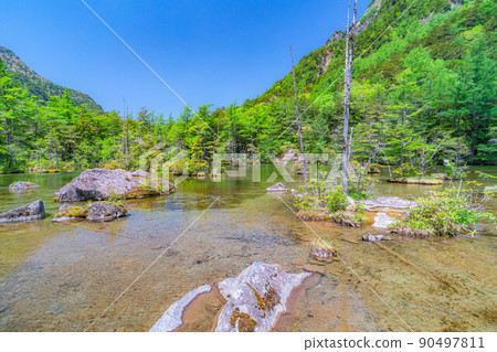 [風景]初夏的上高地明神池[長野縣] 90497811