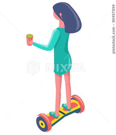 Girl with Cup Balancing on Segway, Eco Vector Girl with Cup Balancing on Segway, Eco Vector 90497894