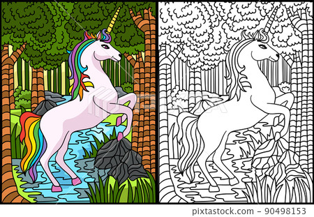Unicorn Leaping In Forest Coloring Page Colored 90498153