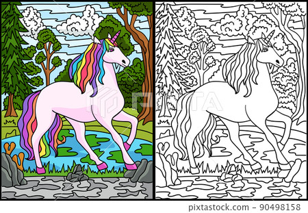 Unicorn In Forest Coloring Page for Adults Colored 90498158