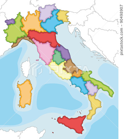 Vector illustrated blank map of Italy with regions and administrative divisions, and neighbouring countries and territories. Editable and clearly labeled layers. 90498907