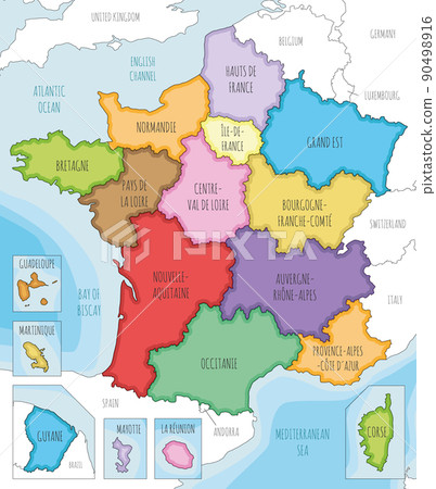 Vector illustrated map of France with regions and territories and administrative divisions, and neighbouring countries. Editable and clearly labeled layers. 90498916