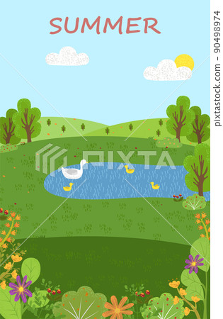 Summer Scenery, Pond with Swans, Green Eco Clean Summer Scenery, Pond with Swans, Green Eco Clean 90498974