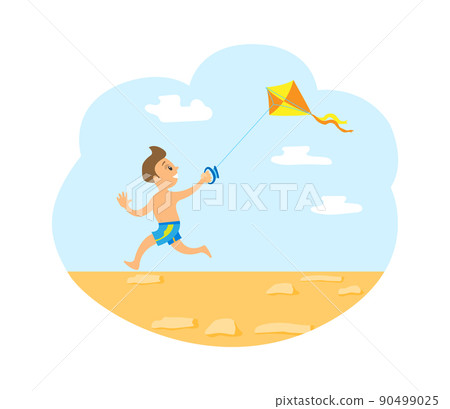 Wind Kite and Small Kid Running on Beach Vector Wind Kite and Small Kid Running on Beach Vector 90499025