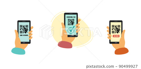 Scan the QR code with the phone. smartphone in hand. QR code for mobile application, 90499927