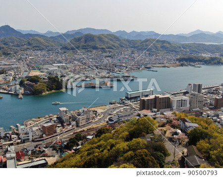 Aerial view of Sakura and Onomichi from the sky above Mt. Senkoji 90500793