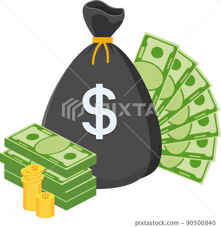 Black cash bag with money with yellow drawstring and dollar sign. Black cash bag with money with yellow drawstring and dollar sign. 90500840