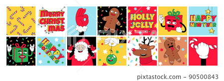 Merry Christmas and Happy New year funny cartoon characters. Sticker pack, posters in trendy weird retro cartoon style. Merry Christmas and Happy New year funny cartoon characters. Sticker pack, posters in trendy weird retro cartoon style. 90500843