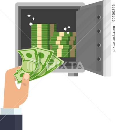 Businessman puts jewelry in a bank safe. Flat vector cartoon illustration. Businessman puts jewelry in a bank safe. Flat vector cartoon illustration. 90500866