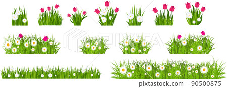 Grass, tulips and daises set. Green flowering meadow collection. Grass, tulips and daises set. Green flowering meadow collection. 90500875