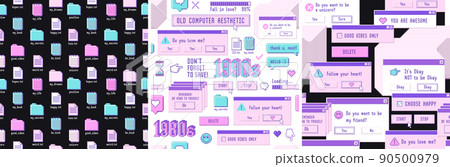 Old computer aestethic. Set of seamless patterns with retro pc elements, user interface and technology illustration in trendy retrowave style. Nostalgia for 1980s -1990s. 90500979