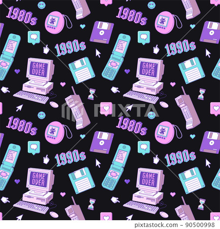 Old computer aestethic. Seamless pattern with retro pc elements and technology illustration in trendy retrowave style. Nostalgia for 1980s -1990s. 90500998